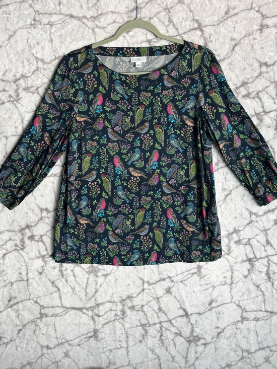 J. Jill Tops - J. Jill Floral Bird Print 3/4 Sleeve Top Women’s XS Navy Blue w Multicolor Birds